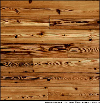 Antique Heart Pine Select Grade is a dense grain of 95-100% heartwood. Select is a mixture of plain and vertical grains. Knots range up to two inches and appear more frequently. Nail holes are small and in-frequent. This grade may contain more of the vari